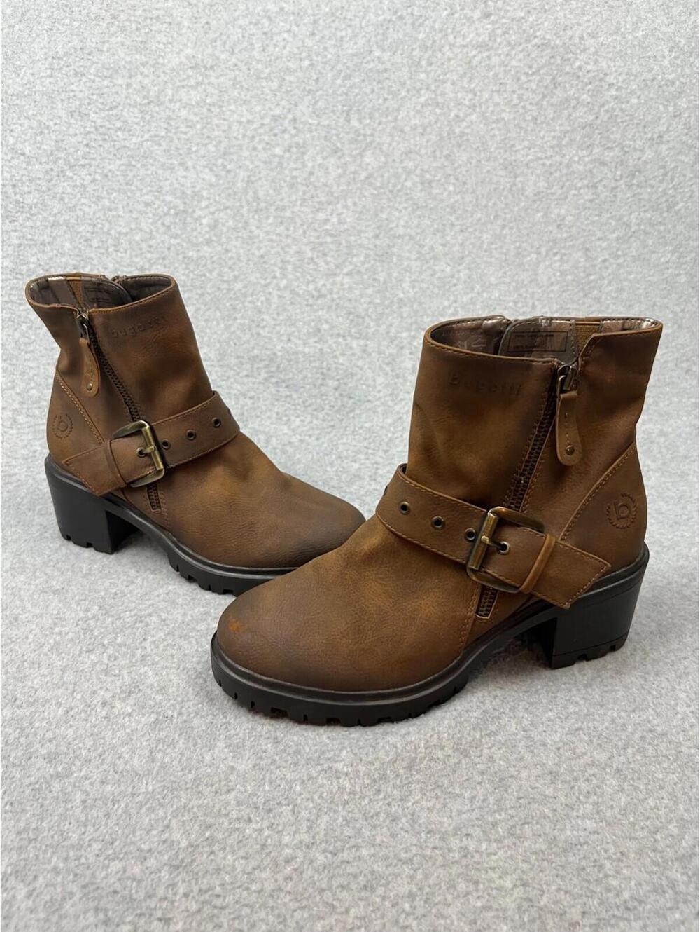 Bugatti Moto Ankle Boots Womens Size 7.5 Faux Leather Buckle Casual Block Heels